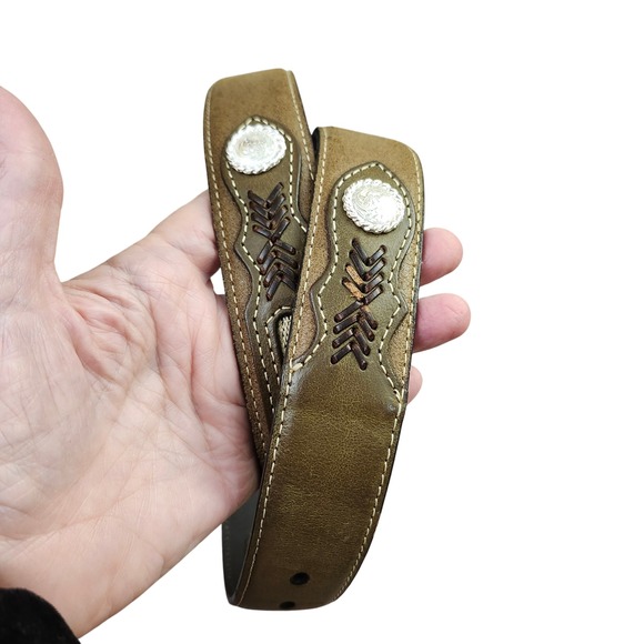 Nocona Belt Co. Top Hand Southwestern Concho Belt Olive Brown Size 44 - Picture 6 of 11